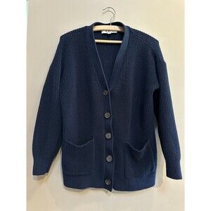 Ann Taylor LOFT Chunky Knit Navy Cardigan 100% Cotton Size L Pockets 3/4 sleeve